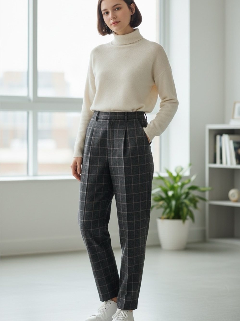 Chocolate Brown Windowpane Straight-Leg Trousers